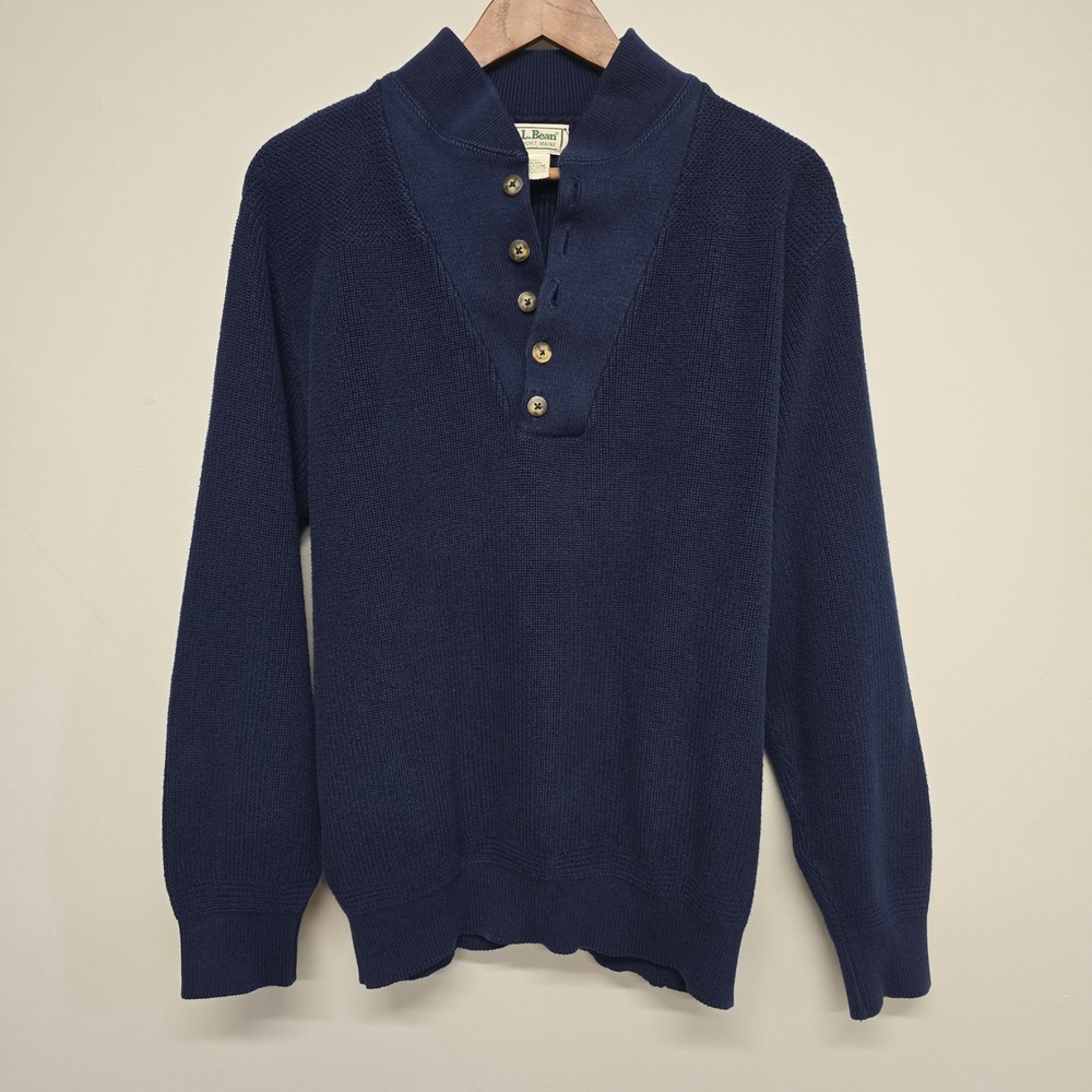 Vintage LL Bean Henley Sweater Mens Medium Blue Cotton Shaker Knit Mock Neck